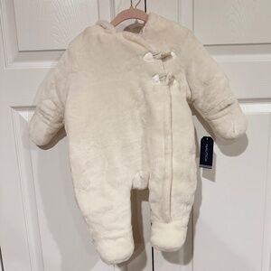 NWT Nautica Baby Snow Suit Winter Suit Hooded Bear Onesie Cream White 0/3M
